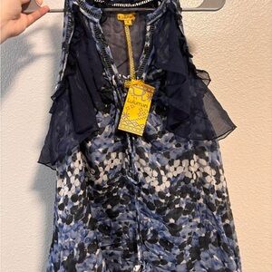 Lulumari Navy and White Floral Ruffle Halter Dress